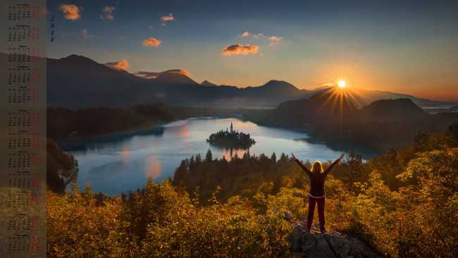 Обои картинки фото календари, природа, солнце, девушка, 2018, водоем, деревья