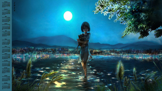 Обои картинки фото календари, рисованные,  векторная графика, очки, взгляд, 2018, девушка, кошка, дерево, ночь