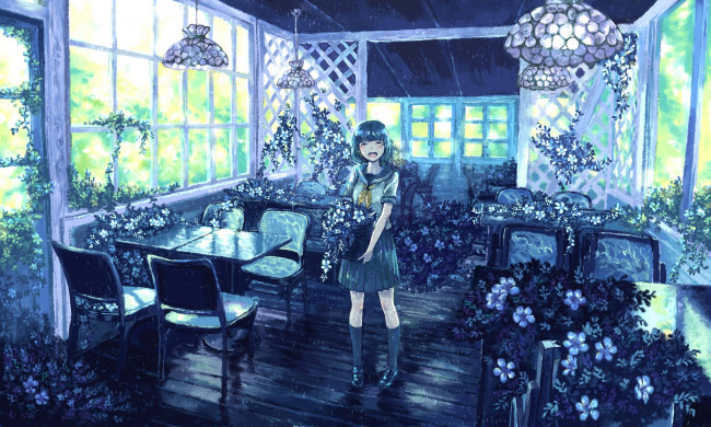 Обои картинки фото аниме, город,  улицы,  интерьер,  здания, цветы, девушка