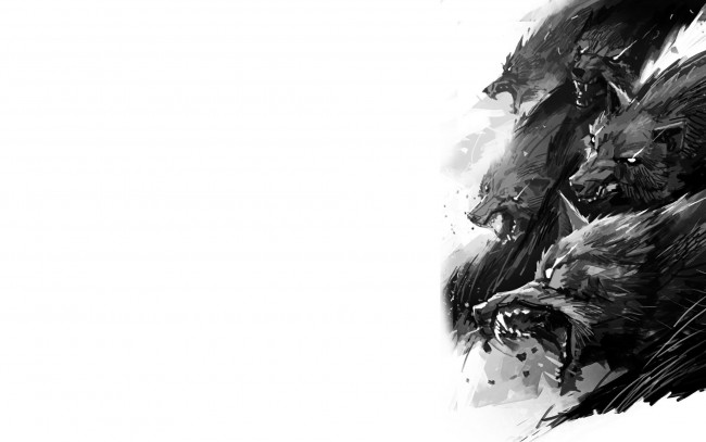Обои картинки фото рисованное, животные,  волки, стая, волки, оскал