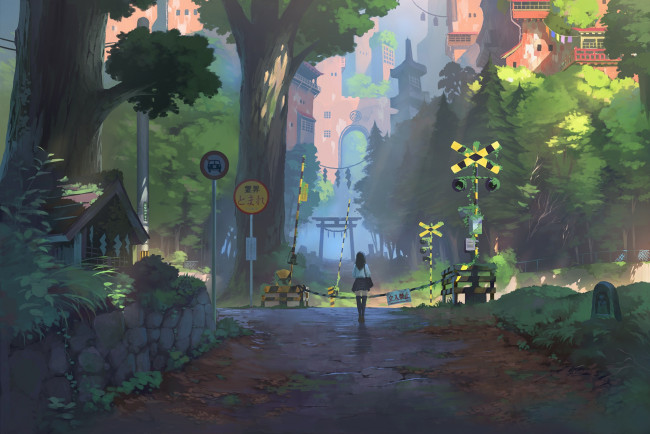 Обои картинки фото аниме, город,  улицы,  интерьер,  здания, девушка