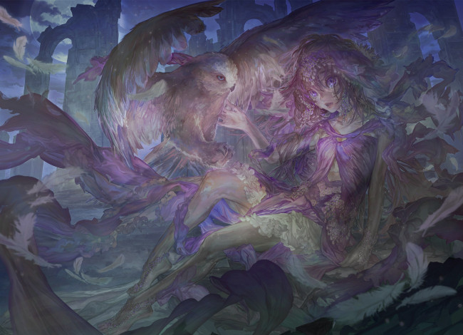 Обои картинки фото аниме, животные,  существа, сова, девушка