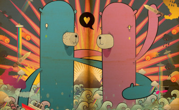 обоя векторная графика, мультфильмы , cartoons, существа, гора, море, пара, любовь, ракеты