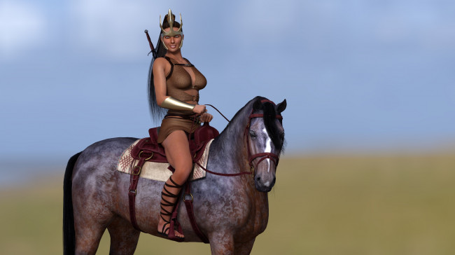 Обои картинки фото 3д графика, амазонки , amazon, лошадь, фон, взгляд, девушка