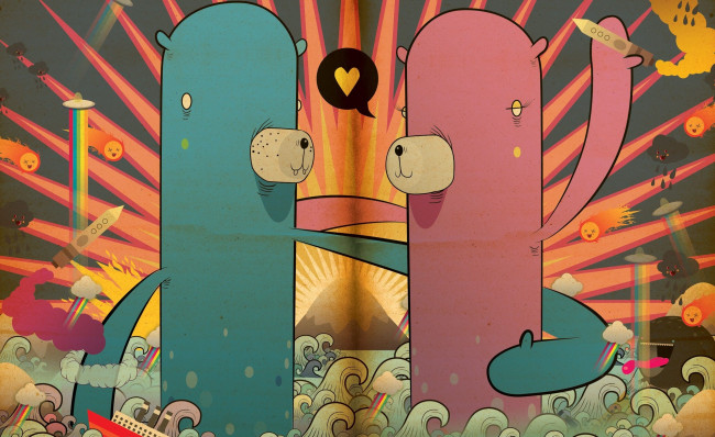 Обои картинки фото векторная графика, мультфильмы , cartoons, существа, гора, море, пара, любовь, ракеты