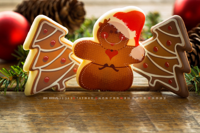 Обои картинки фото календари, праздники,  салюты, печенье, елка, снеговик, шишка