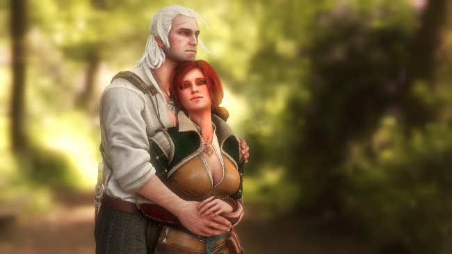Обои картинки фото видео игры, the witcher 3,  wild hunt, фон, мужчина, девушка, объятия