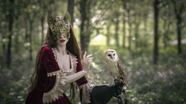 Обои картинки фото девушки, - креатив,  косплей, маска, кружева, сова