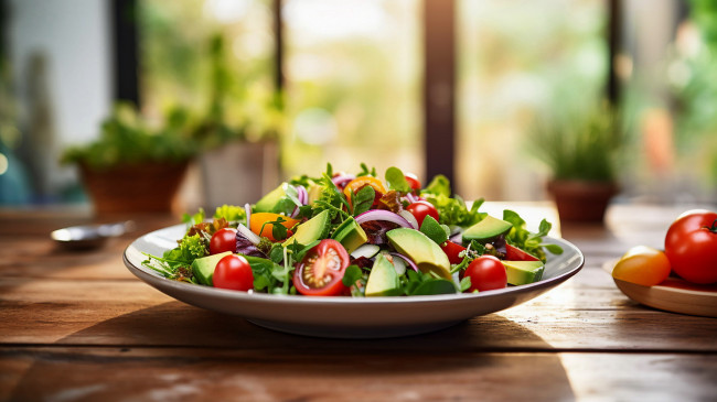 Обои картинки фото еда, салаты,  закуски, овощной, салат, авокадо, помидоры, зелень