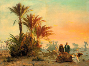 обоя рисованное, otto pilny, пальмы, пустыня, люди, верблюды