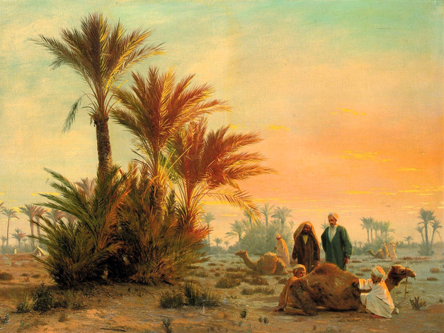 Обои картинки фото рисованное, otto pilny, пальмы, пустыня, люди, верблюды