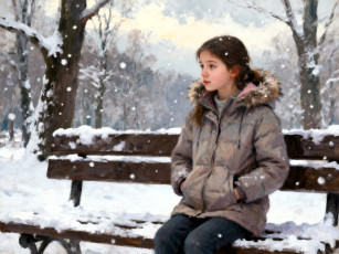 обоя рисованное, дети, девочка, куртка, джинсы, скамейка, снег, парк, деревья