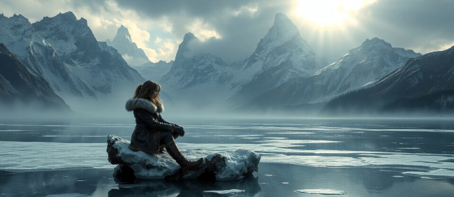 Обои картинки фото 3д графика, люди , people, девушка, шуба, штаны, сапоги, озеро, горы, лед, снег, зима