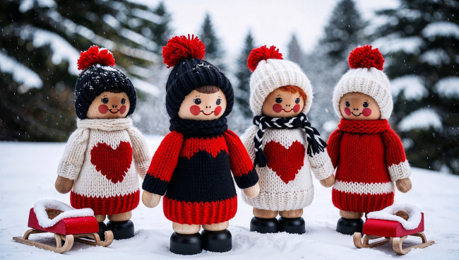 Обои картинки фото 3д графика, праздники , holidays, снег, санки, деревянные, куколки