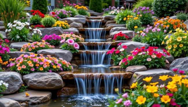 Обои картинки фото автор wp stl, 3д графика, природа , nature, парк, камни, водопад, цветы