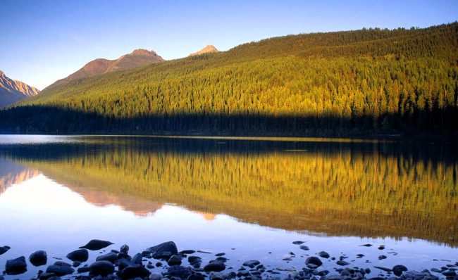 Обои картинки фото природа, реки, озера, горы, склон, лес, деревья, тень, озеро, отражение, камни