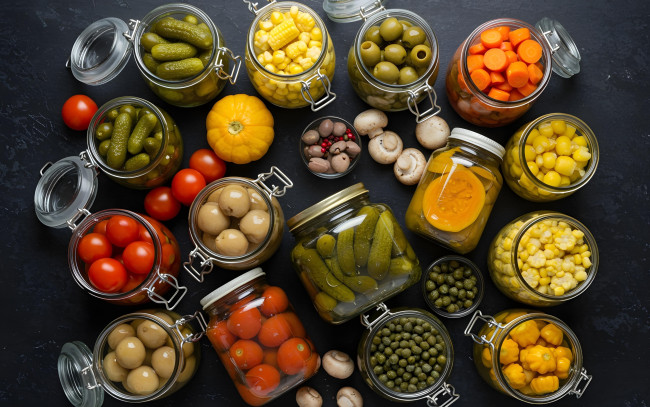 Обои картинки фото 3д графика, еда-, food, консервация, огурцы, помидоры, оливки, морковь, кукуруза