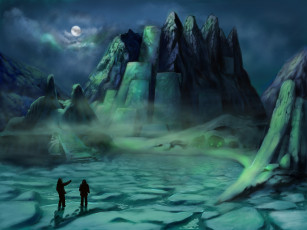 Картинка фэнтези иные+миры +иные+времена скалы сооружения люди луна снег