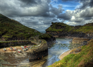 Картинка boscastle+harbour +cornwall+англия природа побережье залив трава лодки