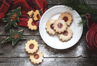 обоя праздничные, угощения, печенье, елки