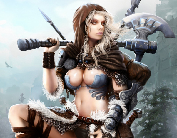 Обои картинки фото фэнтези, девушки, девушка, топор, копье, накидка