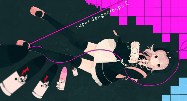 Обои картинки фото by periko, аниме, danganronpa, пиджак, платье, шапка, провод, патроны, psp, девушка, nanami, chiaki, monokuma, рюкзак