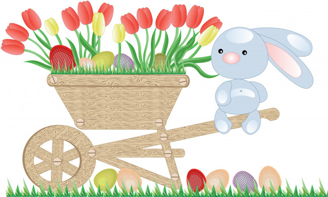 Обои картинки фото векторная графика, тележка, кролик, тюльпаны