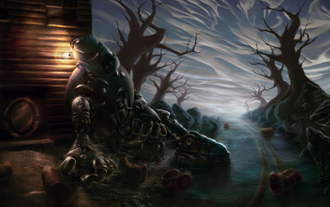 Обои картинки фото фэнтези, роботы,  киборги,  механизмы, робот, детали, деревья, лампочка