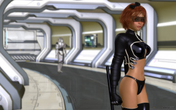 Картинка 3д+графика фантазия+ fantasy взгляд фон очки девушка дубинка робот