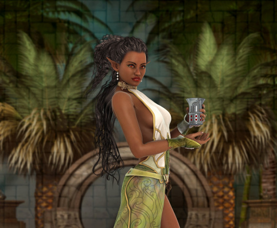 Обои картинки фото 3д графика, эльфы , elves, эльфийка, взгляд, фон, чаша