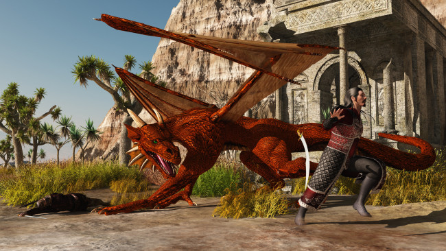 Обои картинки фото 3д графика, фантазия , fantasy, дракон, воин