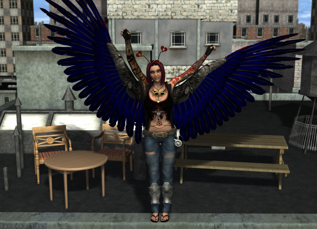 Обои картинки фото 3д графика, ангел , angel, крылья, стулья, стол, ангел, фон, взгляд, девушка