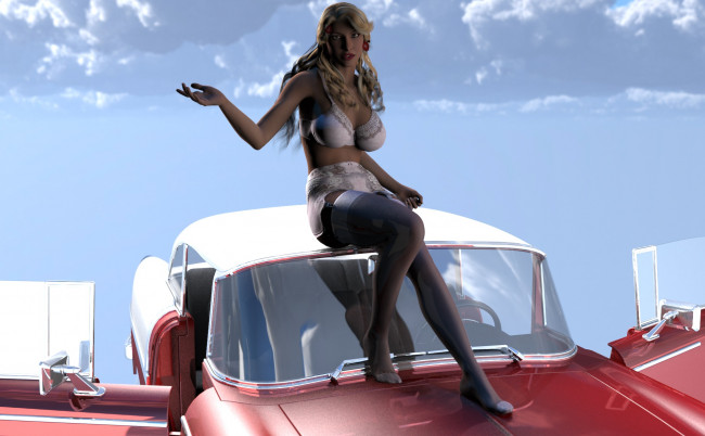 Обои картинки фото автомобили, 3d car&girl, автомобиль, фон, взгляд, девушка