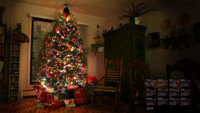 Обои картинки фото календари, праздники,  салюты, мебель, елка, 2018, подарки, гирлянда