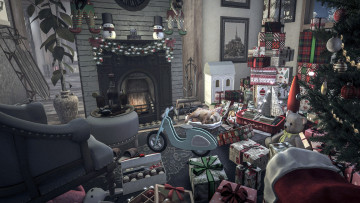 Картинка праздничные новогодний+очаг камин елка подарки