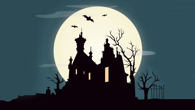 Обои картинки фото праздничные, хэллоуин, луна, забор, особняк, летучие, мыши