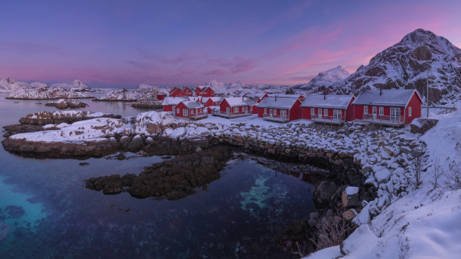 Обои картинки фото города, лофотенские острова , норвегия, фьорды, дома, снег, зима, вечер