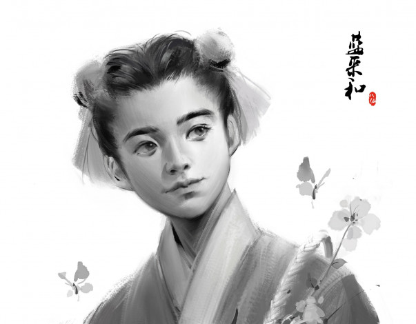 Обои картинки фото рисованное, люди, девушка, бабочки, цветок, бессмертная