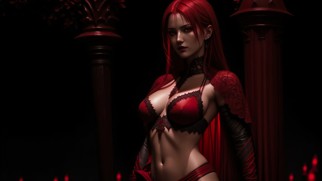 Обои картинки фото нейросеть, 3д графика, фантазия , fantasy, girl, red, hair, night, art, digital