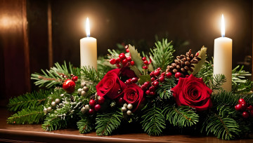 обоя праздничные, новогодние свечи, композиция, свечи, еловые, ветки