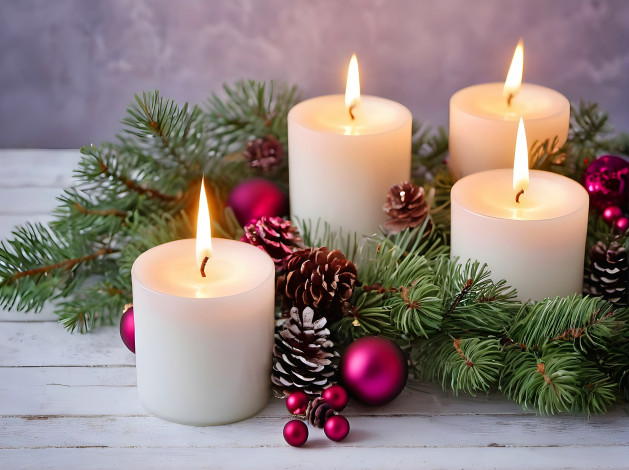Обои картинки фото праздничные, новогодние свечи, композиция, свечи, еловые, ветки