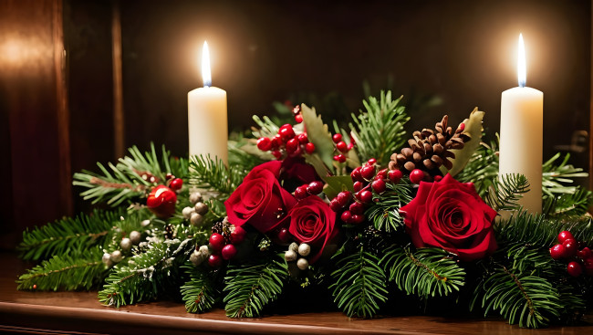 Обои картинки фото праздничные, новогодние свечи, композиция, свечи, еловые, ветки