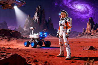 обоя 3д графика, научная фантастика , science fiction, девушка, скафандр, космос, планеты, луноход, горы, транспортник