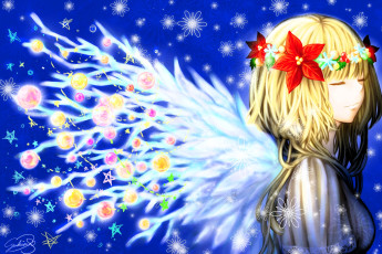 обоя аниме, зима,  новый год,  рождество, девочка, блондинка, венок, крылья, украшения, снежинки