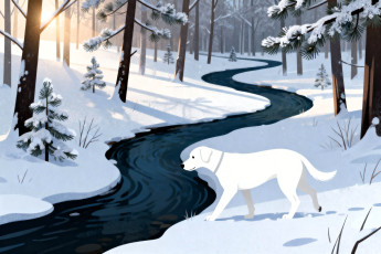 обоя рисованное, животные,  собаки, собака, белая, река, лес, зима, снег
