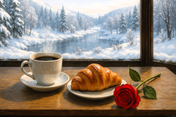 обоя рисованное, еда, окно, природа, снег, зима, горы, лес, река, круассан, чашка, кофе, блюдца, роза
