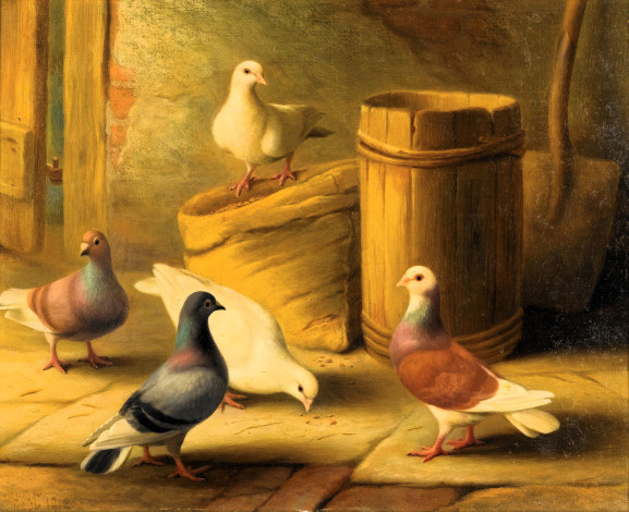 Обои картинки фото рисованное, edgar hunt, голуби, мешок, бочка, сарай
