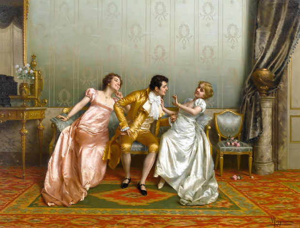 Обои картинки фото рисованное, vittorio reggianini, дамы, джентельмен, диван, ковер, салон