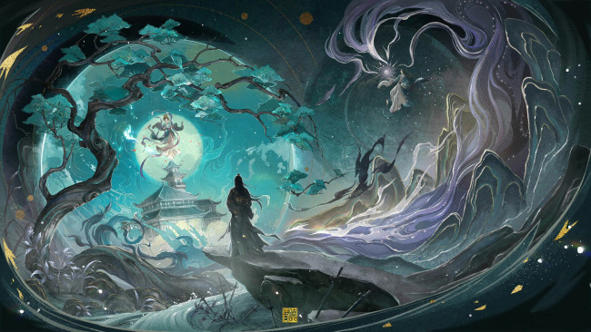 Обои картинки фото аниме, магия,  колдовство,  halloween, парень, небожители, замок