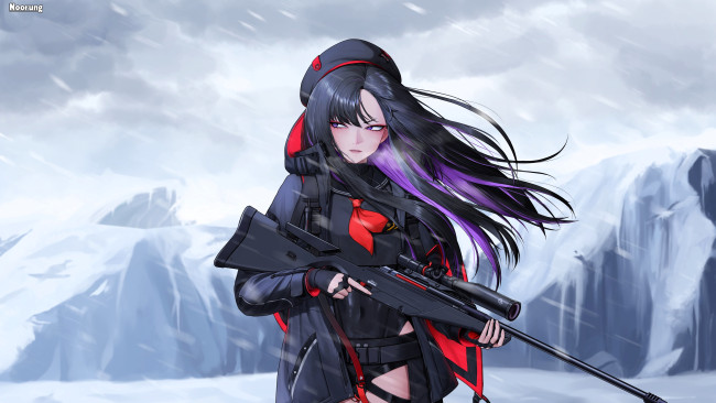 Обои картинки фото аниме, оружие,  техника,  технологии, девушка, берет, плащ, винтовка, снег, скалы